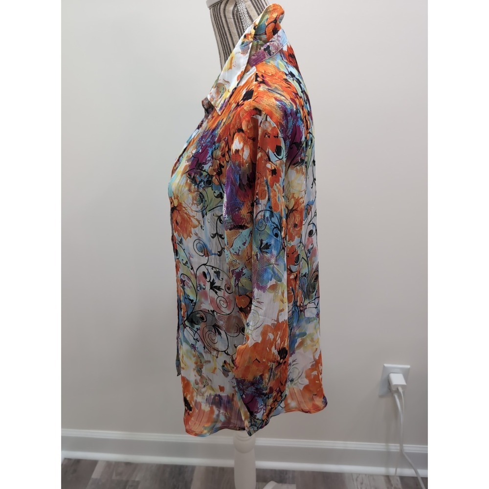 Chico's 2 or L Top NWOT Floral Sheer Lite Wgt Button Up Shirt Tab Sleeve Airy - Picture 5 of 10